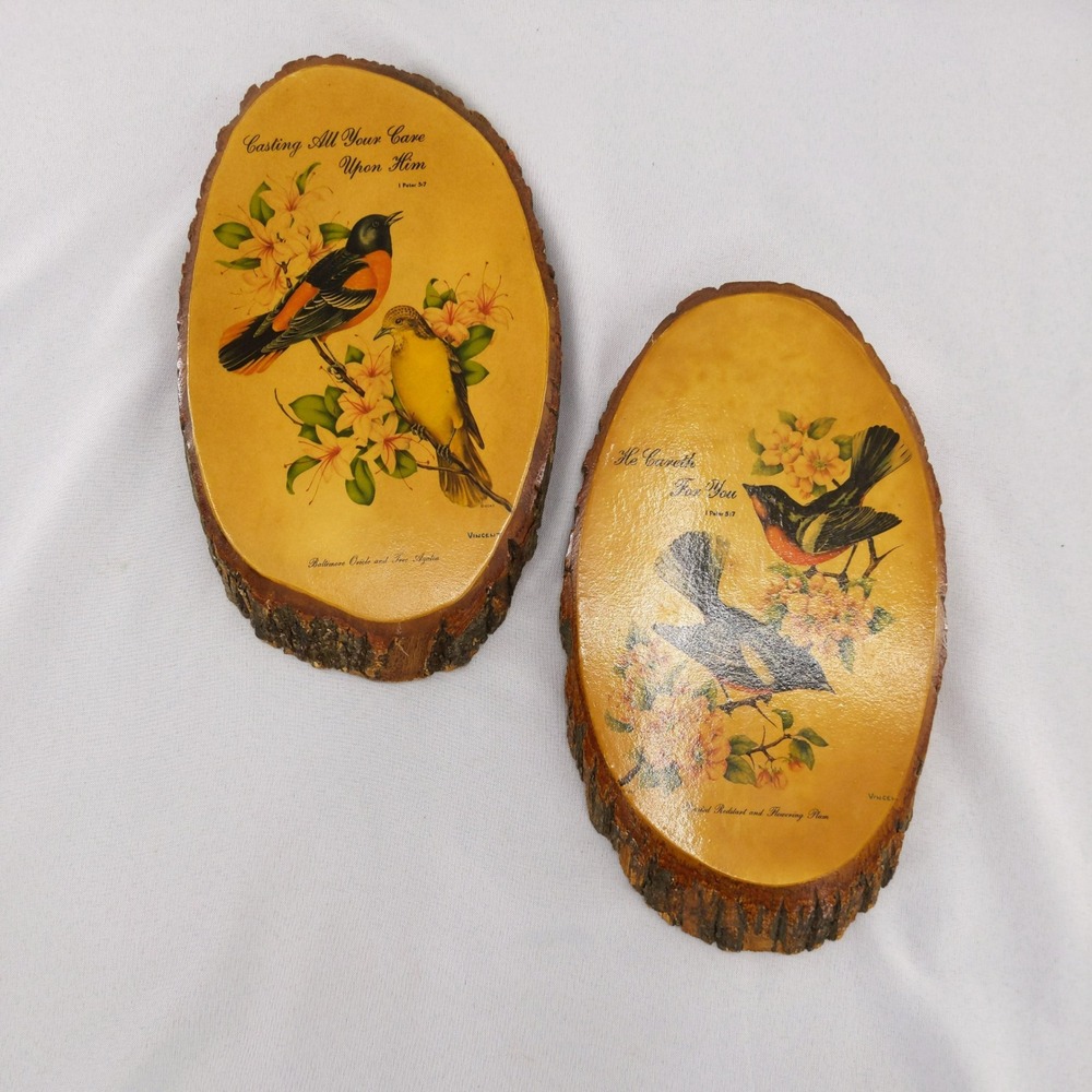Vintage Bird Scripture Art G.S.H. Seymour Rustic Wood Plaque Set Yellow 11"